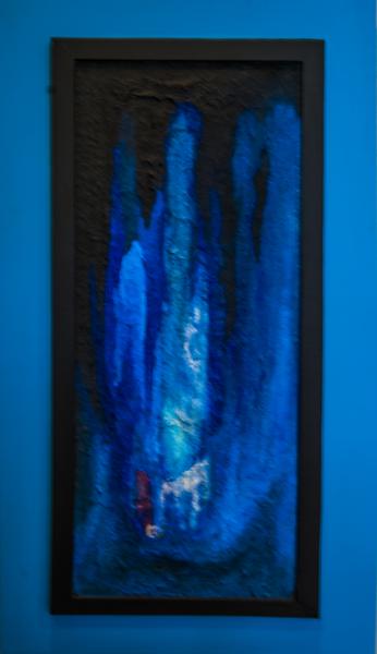 Vrije expressie blauw - 52 x 125 - olieverf en zilverzand